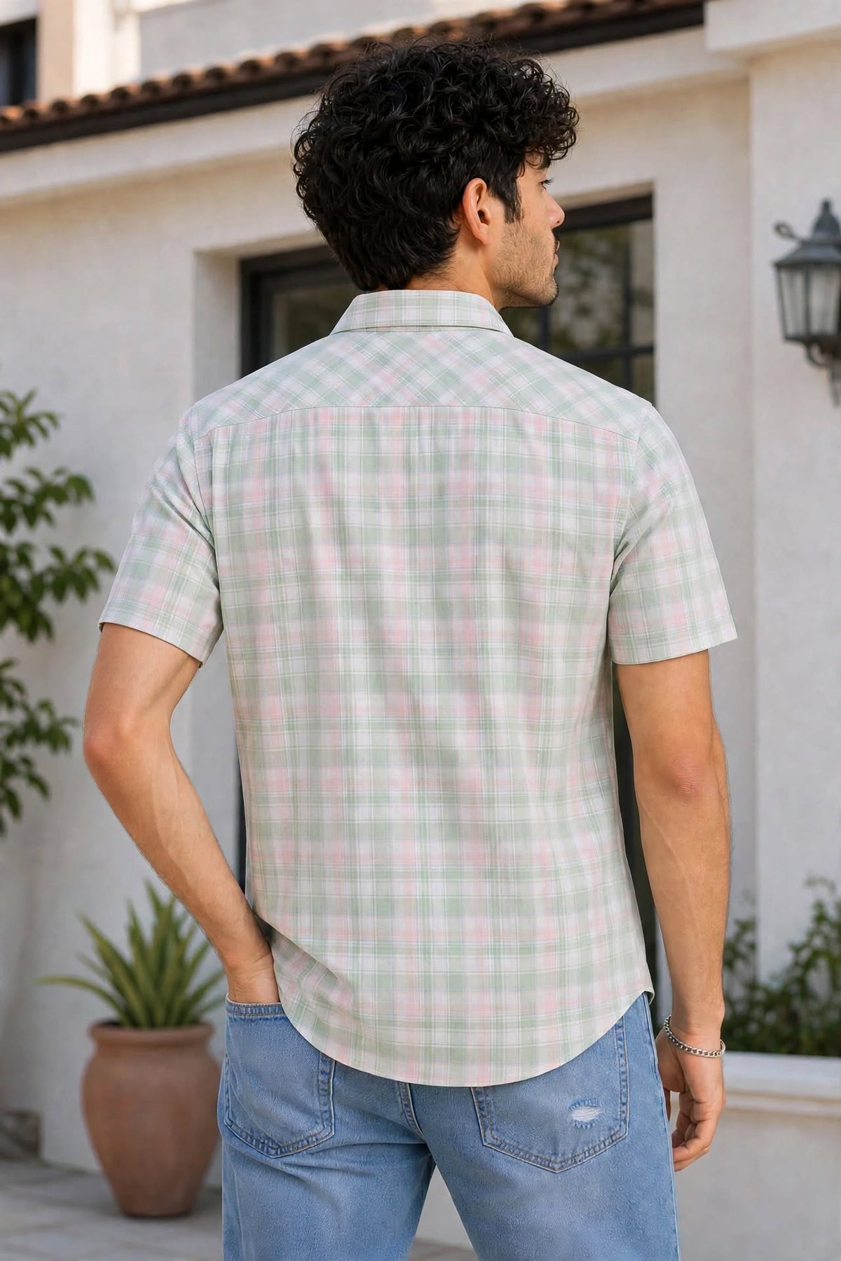 Men Peach Checkered Half Sleeve Casual Shirt SGV-528-2