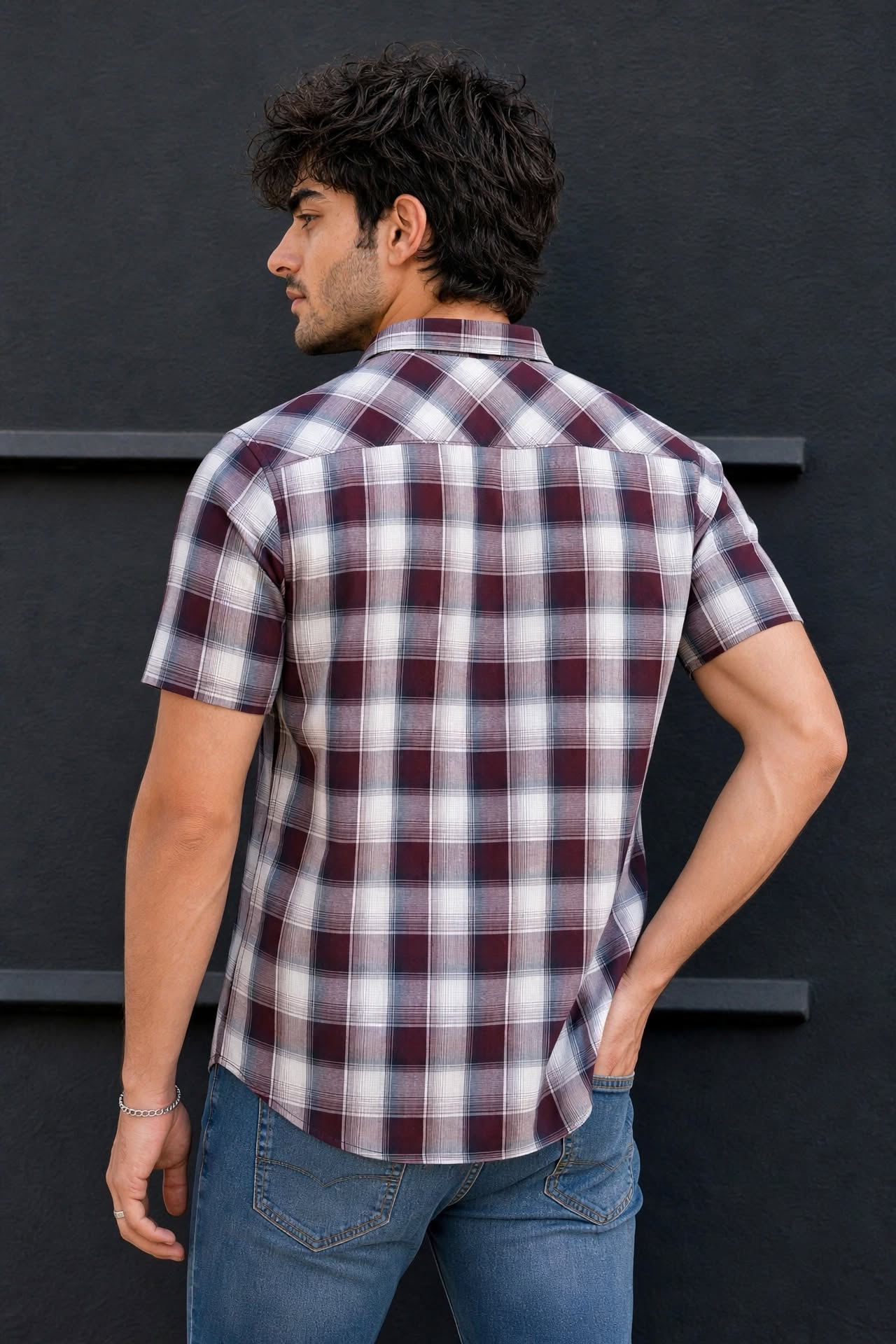 Men Wine Checkered Half Sleeve Casual Shirt SGV-528-6