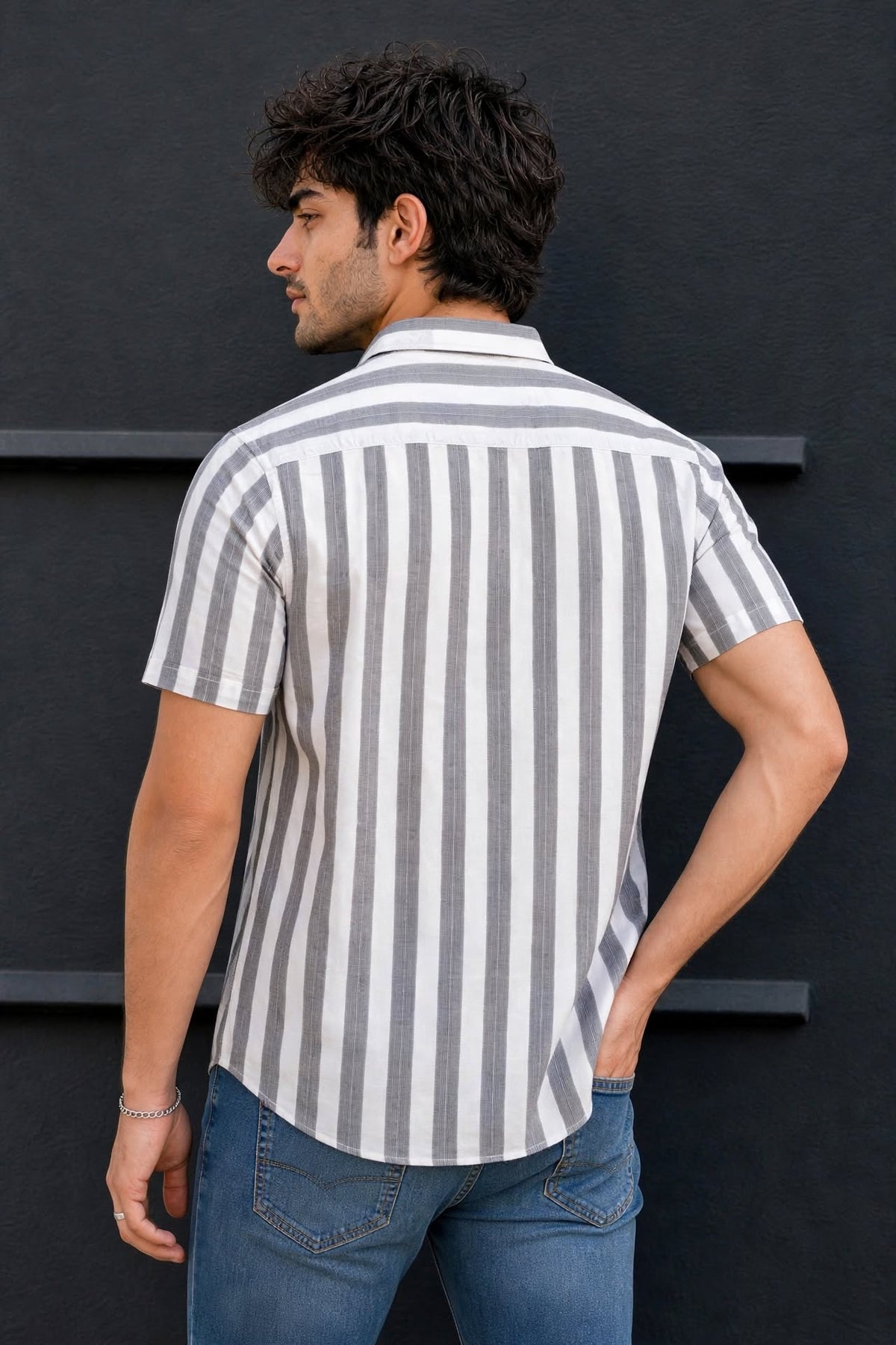 Men Black Vertical Striped Half Sleeve Casual Shirt SGV-528-1