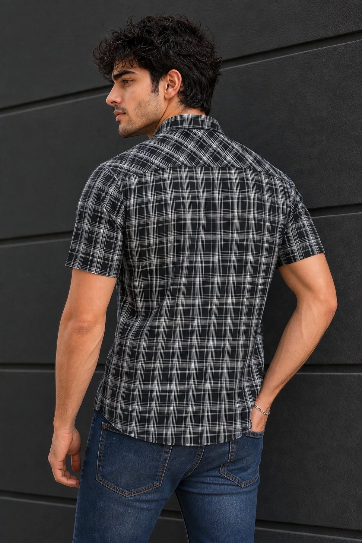 Men Black Checkered Half Sleeve Casual Shirt SGV-528-5