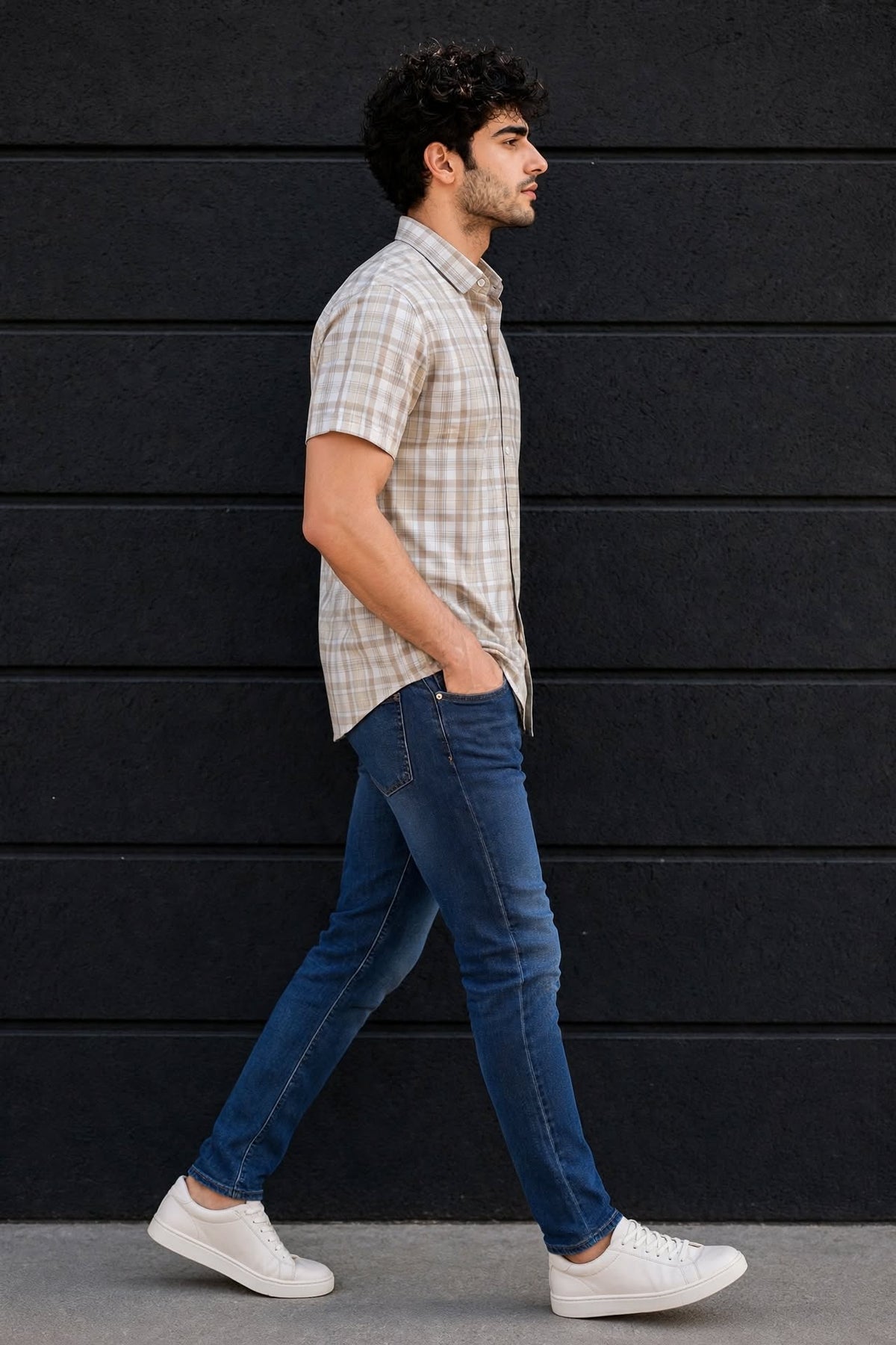 Men Cream Checkered Half Sleeve Casual Shirt SGV-528-2