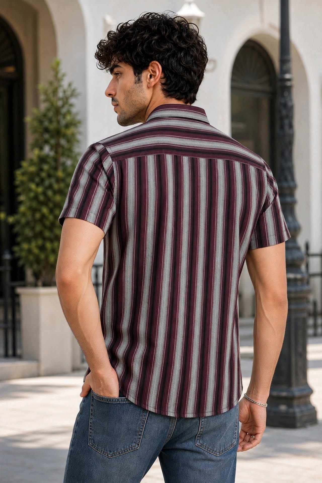 Men Maroon Vertical Striped Half Sleeve Casual Shirt SGV-528-1