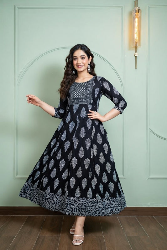 Black Block Print Anarkali Kurti for Women | Long kurti