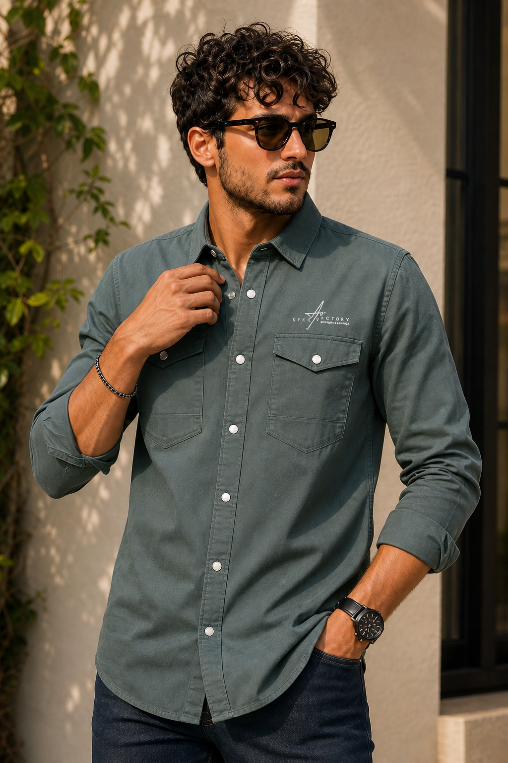 Men Plain Cotton Dark Pista Full Sleeve Shirt | Casual Button Down Shirt with Pockets