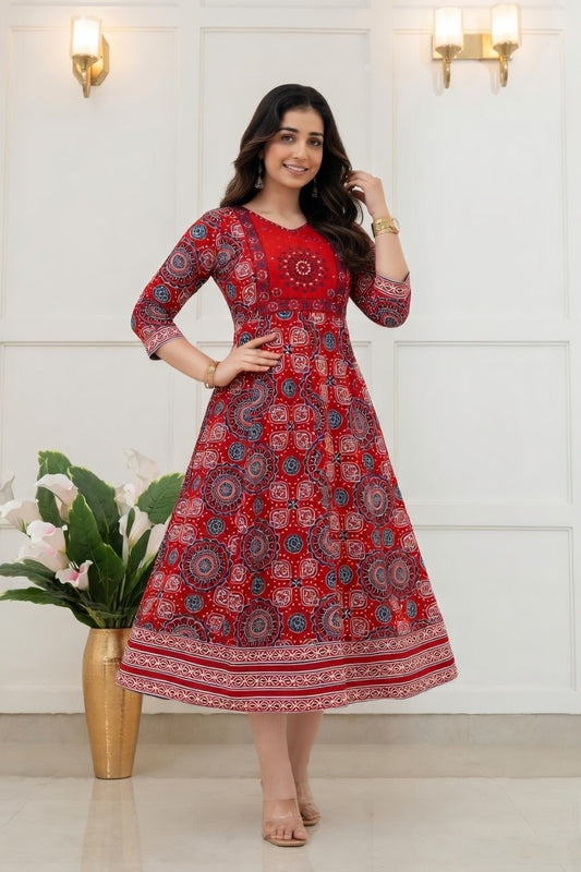Women Maroon Ajrakh Print Anarkali Kurti