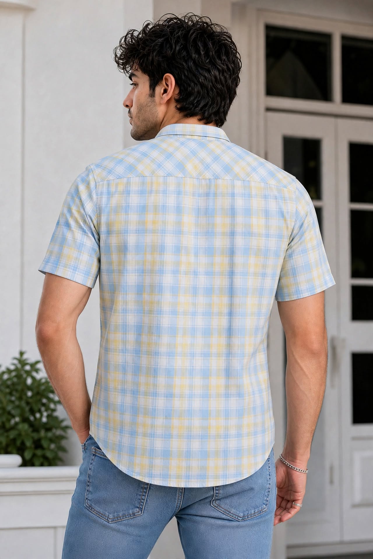 Men Yellow Checkered Half Sleeve Casual Shirt SGV-528-2