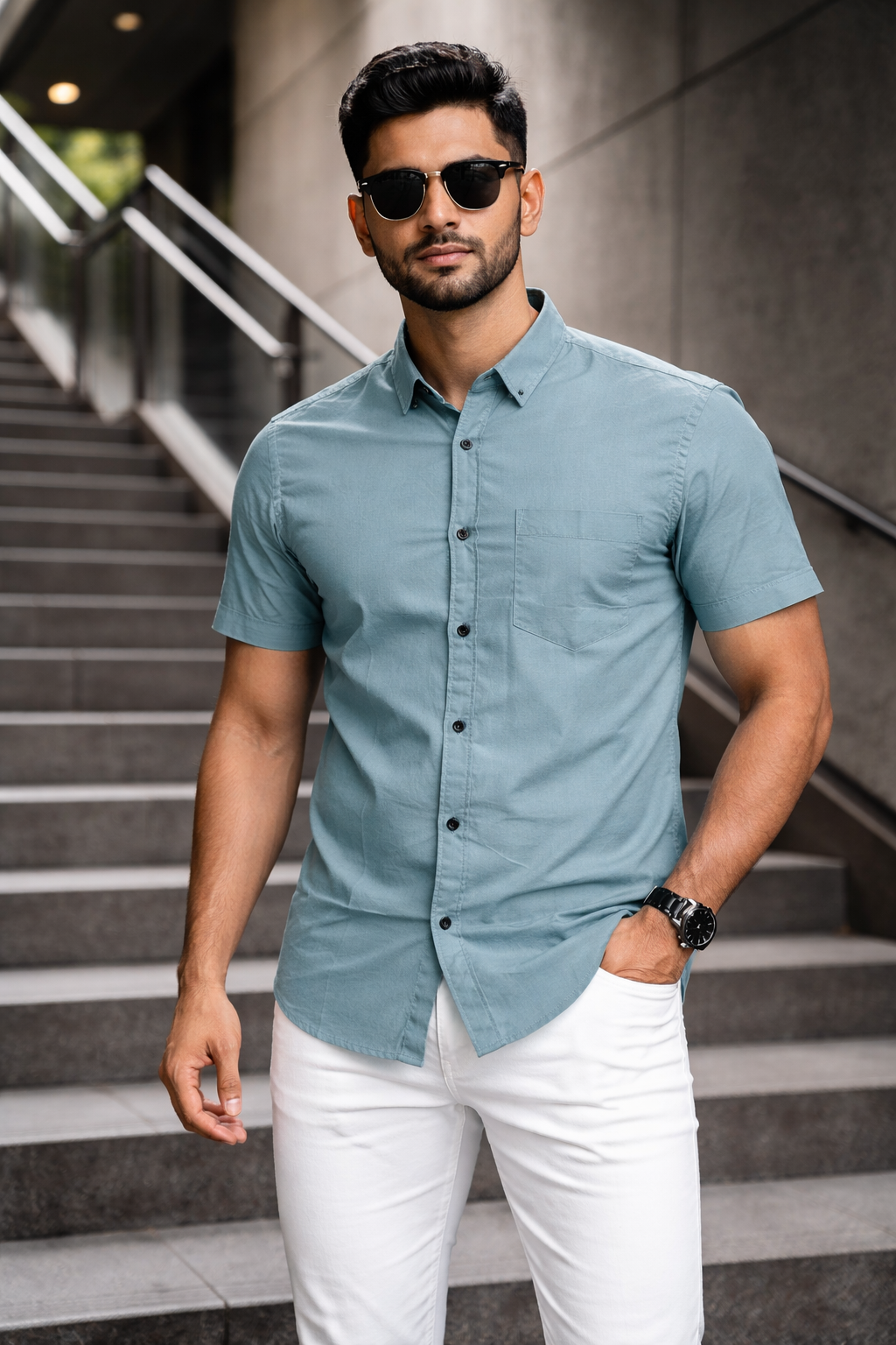 Men Casual Dark Pista Short Sleeve Shirt - Cotton Comfort 261049774