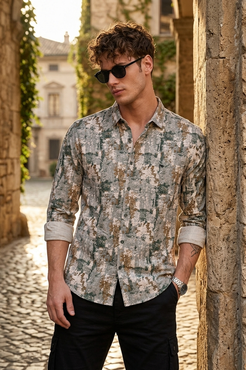 Men Green Abstract Print Casual Shirt | Long Sleeve Zero