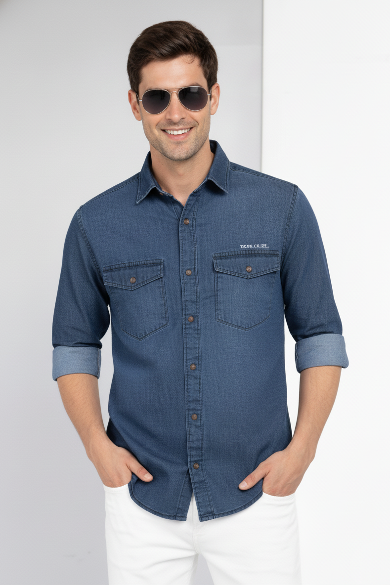 Men Casual Dark Blue Denim Shirt – Modern Stylish Fit 261055466