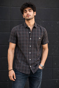 Men Coffee Checkered Half Sleeve Casual Shirt SGV-528-3