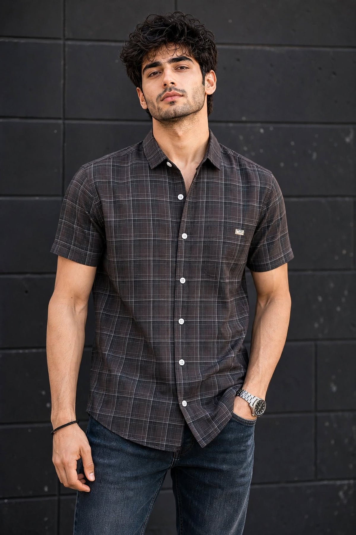 Men Coffee Checkered Half Sleeve Casual Shirt SGV-528-3