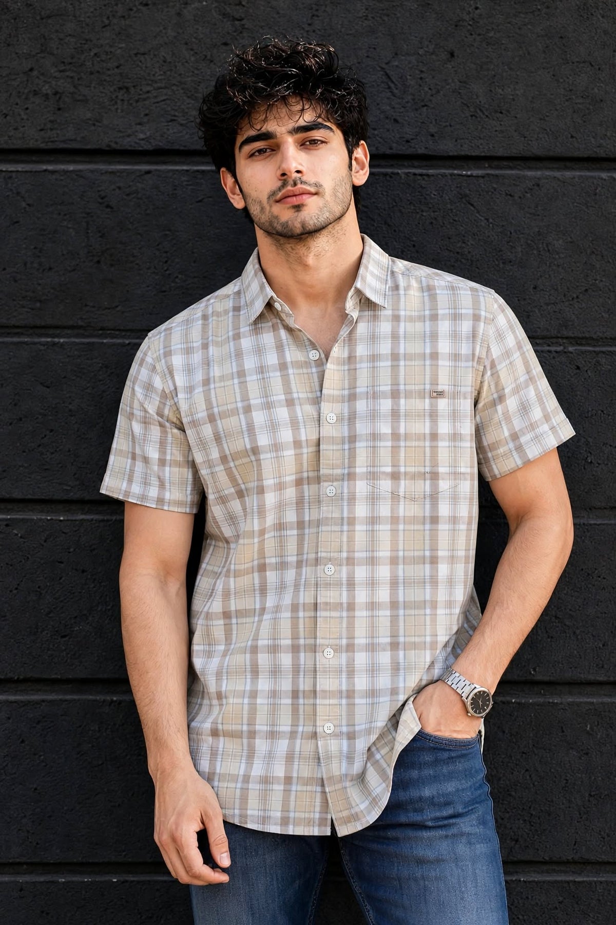 Men Cream Checkered Half Sleeve Casual Shirt SGV-528-2