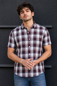 Men Wine Checkered Half Sleeve Casual Shirt SGV-528-6