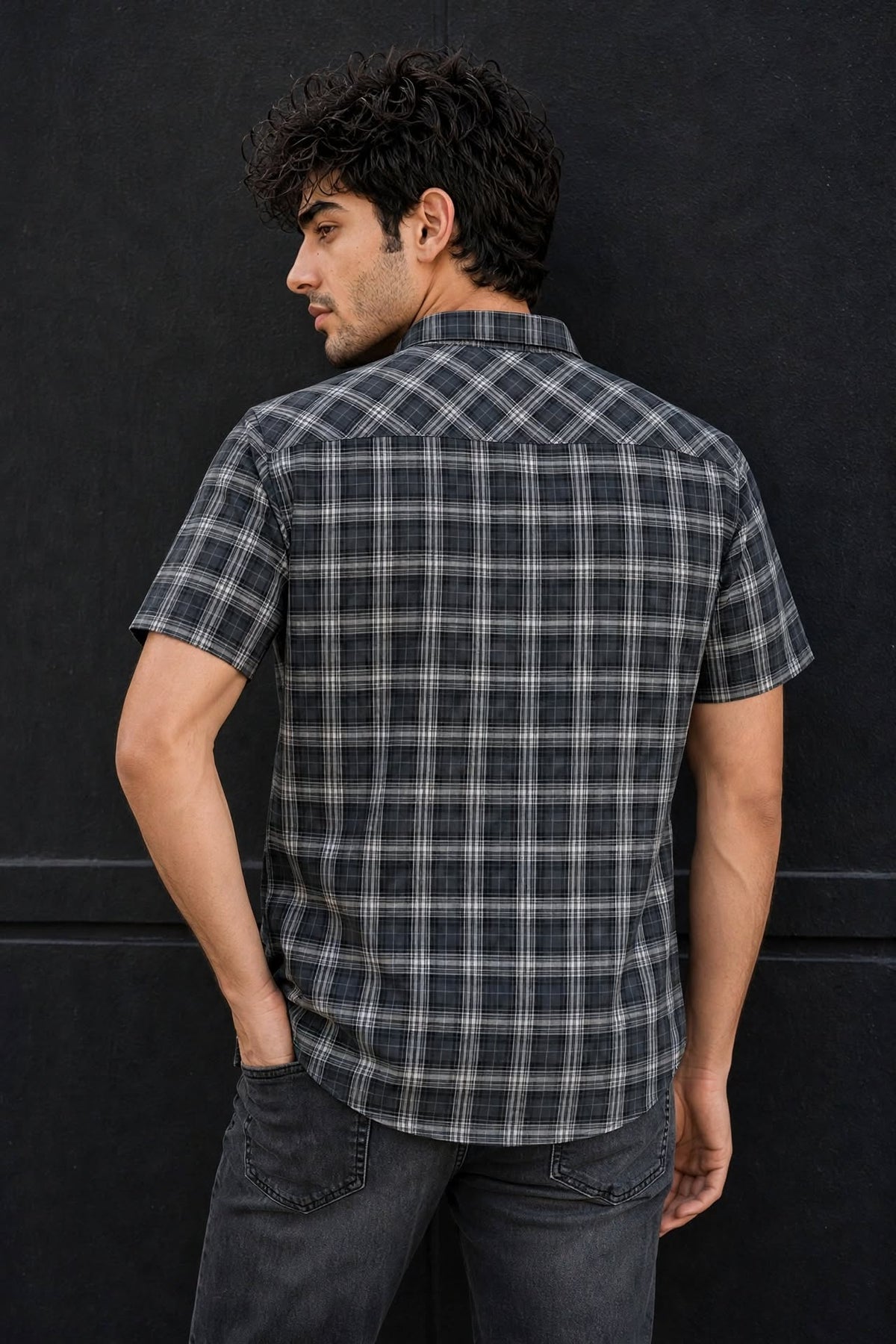 Men Dark Grey Checkered Half Sleeve Casual Shirt SGV-528-4