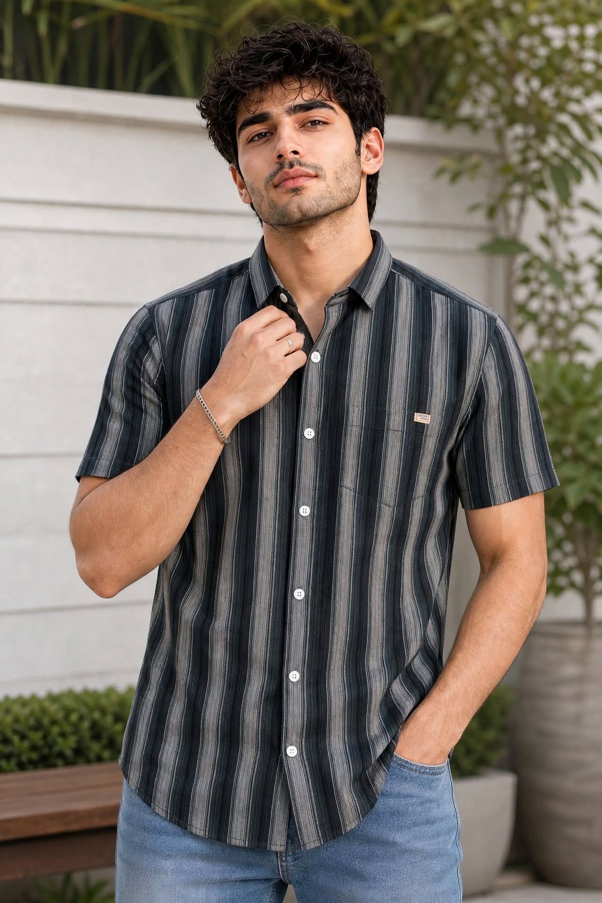 Men Green Vertical Striped Half Sleeve Casual Shirt SGV-528-1