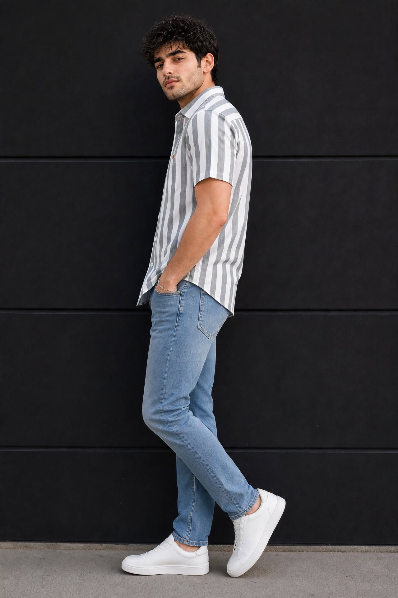 Men Grey Vertical Striped Half Sleeve Casual Shirt SGV-528-1