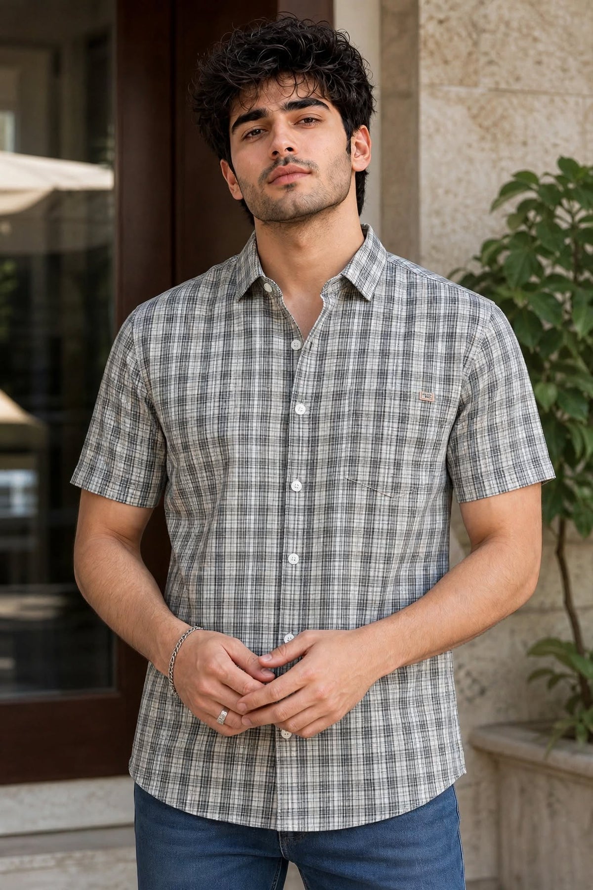 Men Grey Checkered Half Sleeve Casual Shirt SGV-528-4