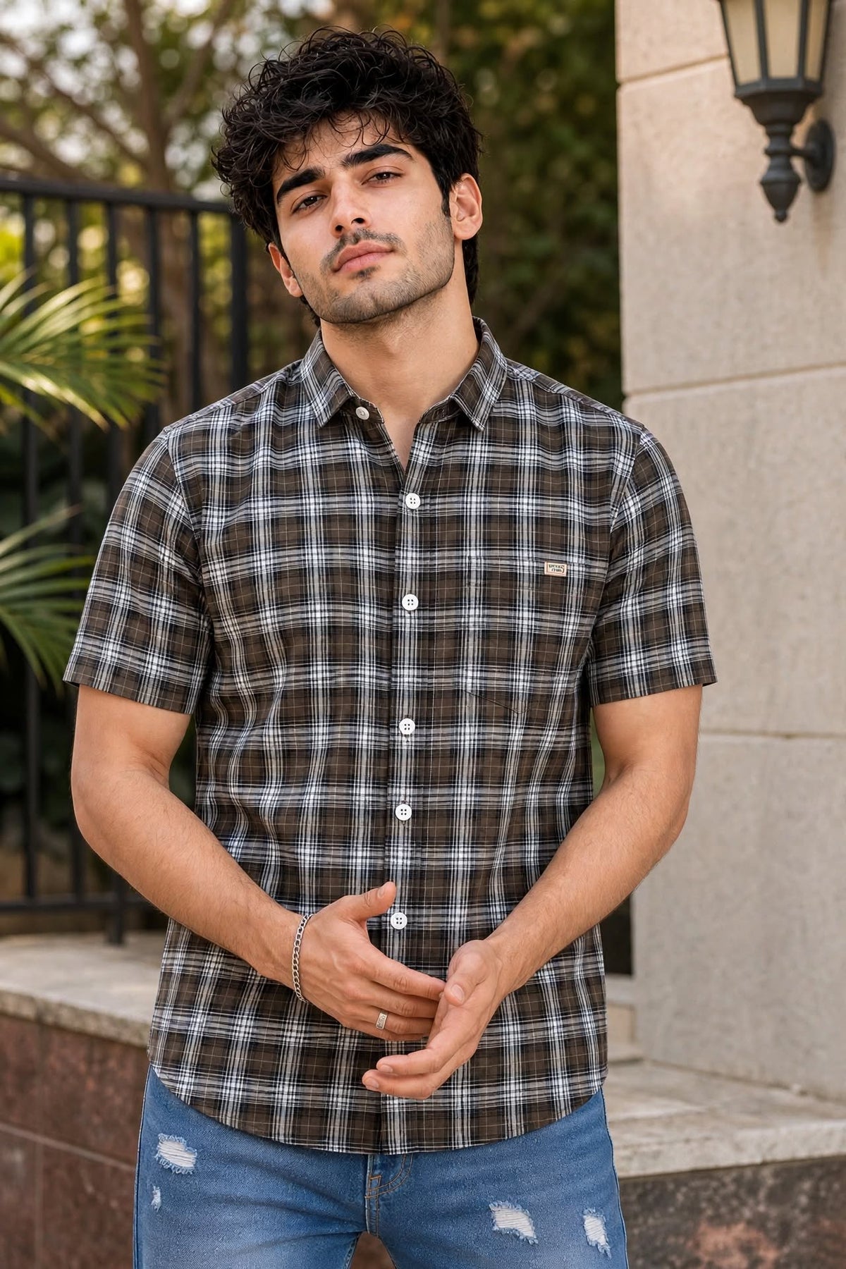 Men Olive Checkered Half Sleeve Casual Shirt SGV-528-6