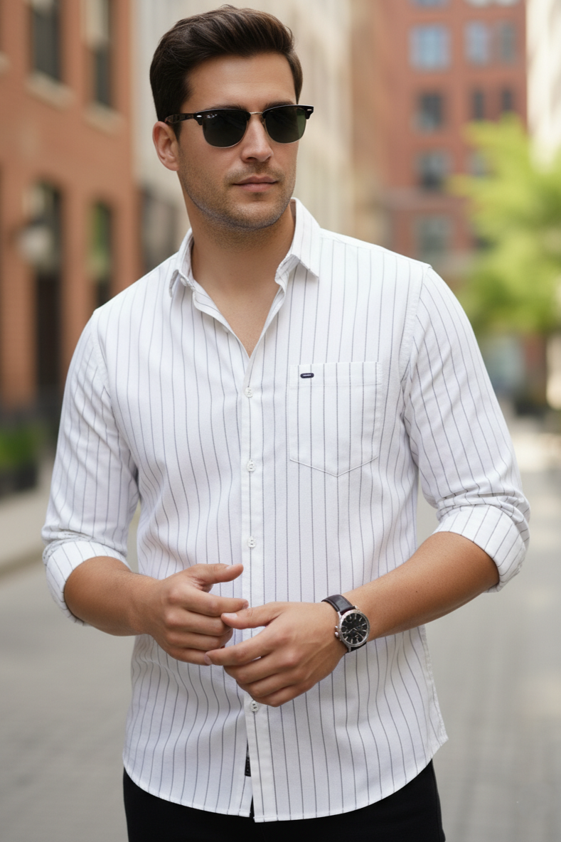 Classic White Striped Long-Sleeve Cotton Shirt for Men 251210002