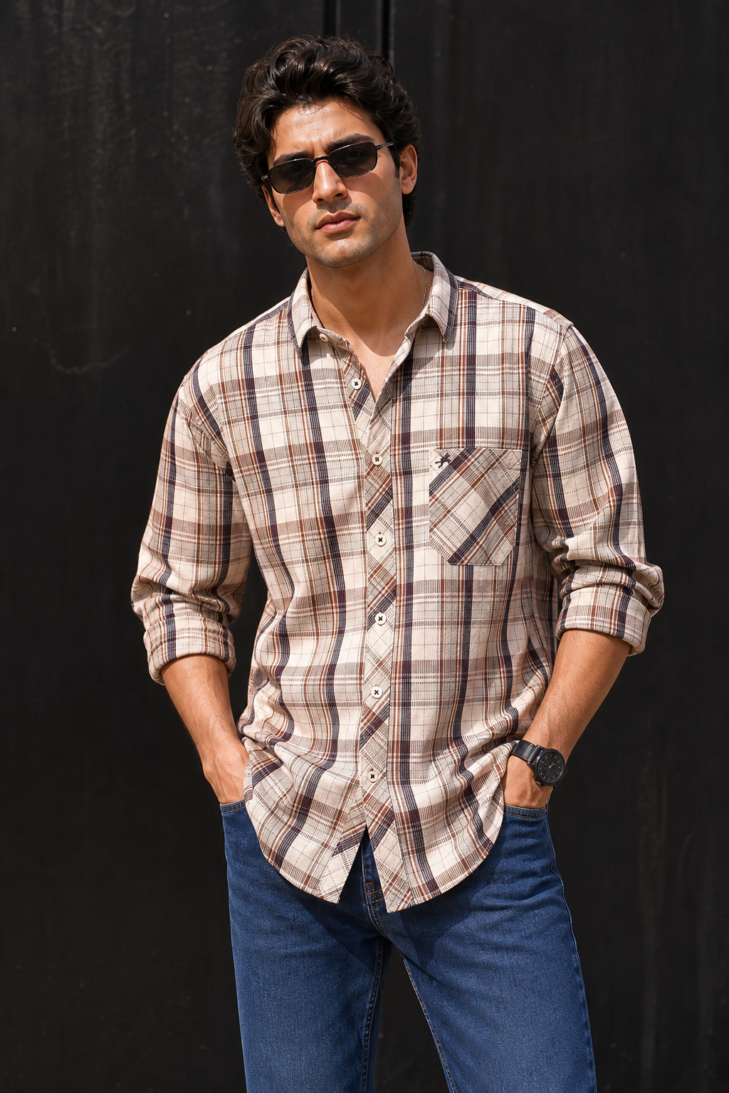 Men Brown & Cream Checked Full Sleeve Casual Shirt