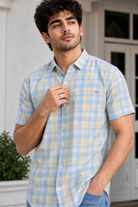 Men Yellow Checkered Half Sleeve Casual Shirt SGV-528-2