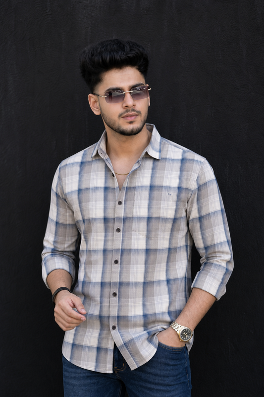 Grey & Blue Plaid Shirt for Men – Casual Long Sleeve Shirt