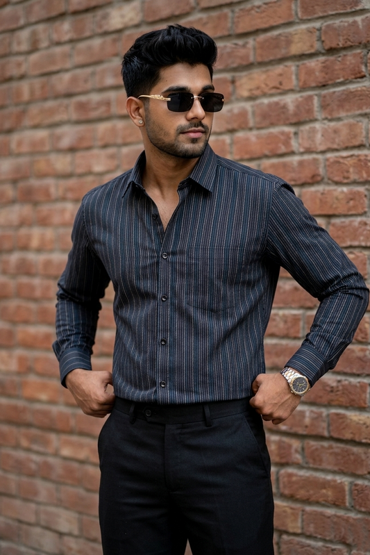 Atlance| Men Olive Vertical Striped Formal Shirt-FRM