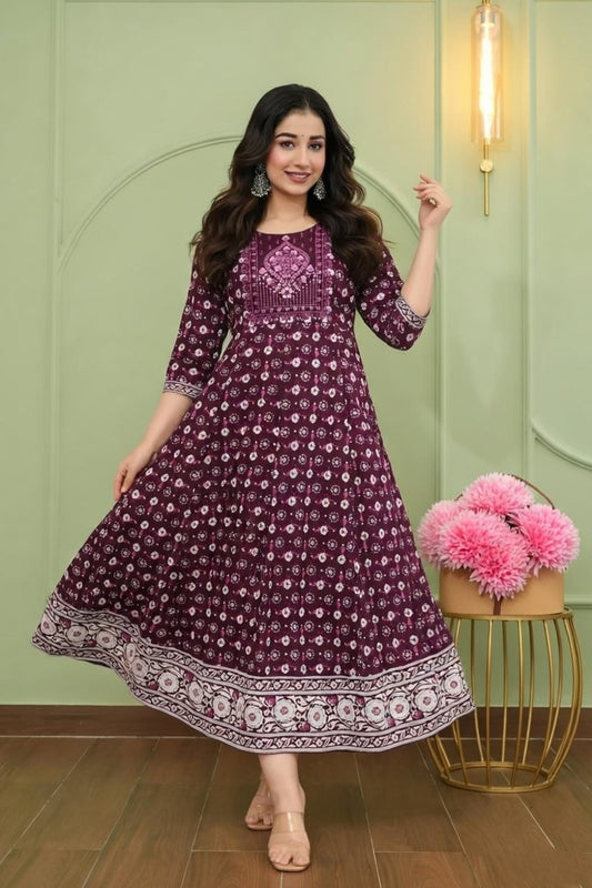 Designer Wine Color Kurti with Embroidery – Traditional Anarkali Suit for Functions & Party Wear