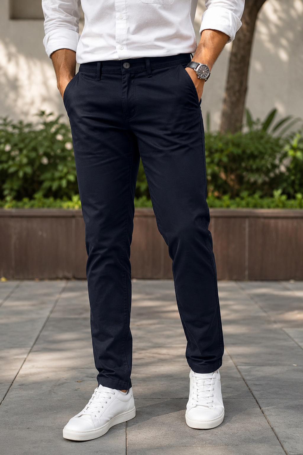 Men Navy Blue Micro-Textured Cotton Chinos | Stylish Narrow Fit Pants 5130