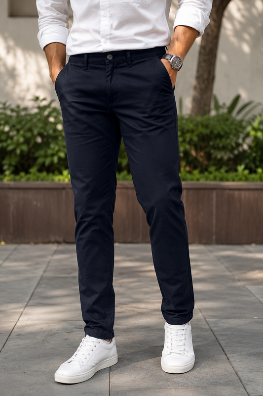 Men Navy Blue Micro-Textured Cotton Chinos | Stylish Narrow Fit Pants