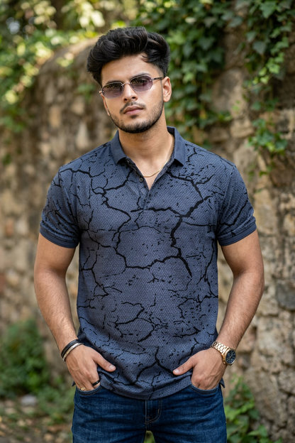 Trendy Navy Blue Printed Polo T-Shirt for Men | Modern Casual Style ATL4924