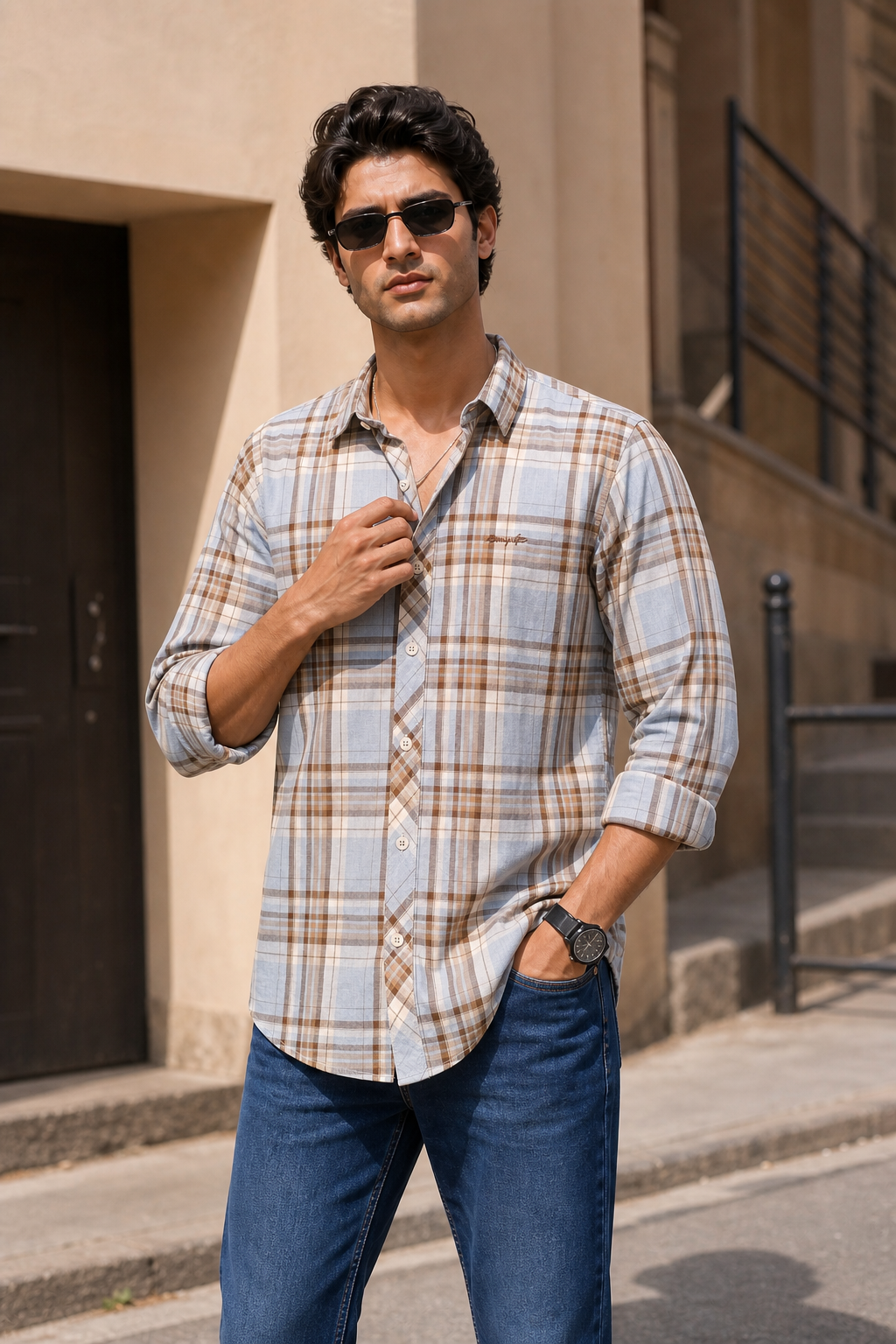 Men Premium Quality Light Blue & White Checked Shirt