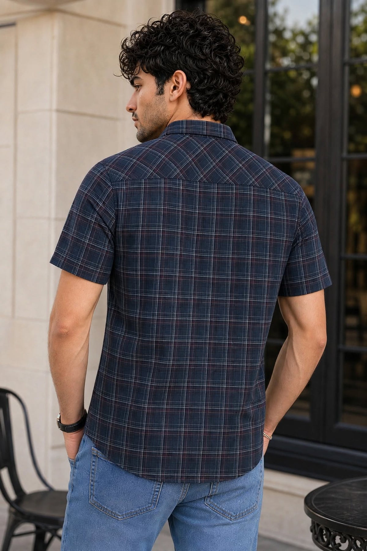 Men Blue Checkered Half Sleeve Casual Shirt SGV-528-3