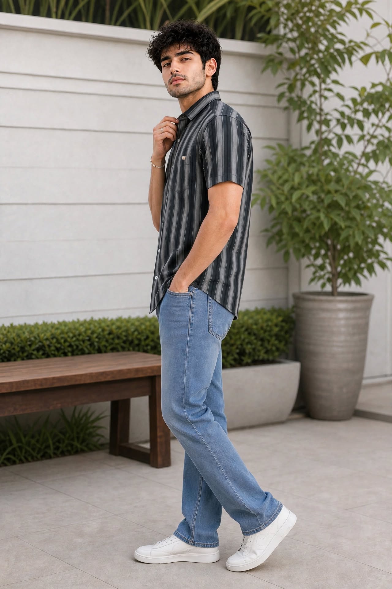 Men Green Vertical Striped Half Sleeve Casual Shirt SGV-528-1