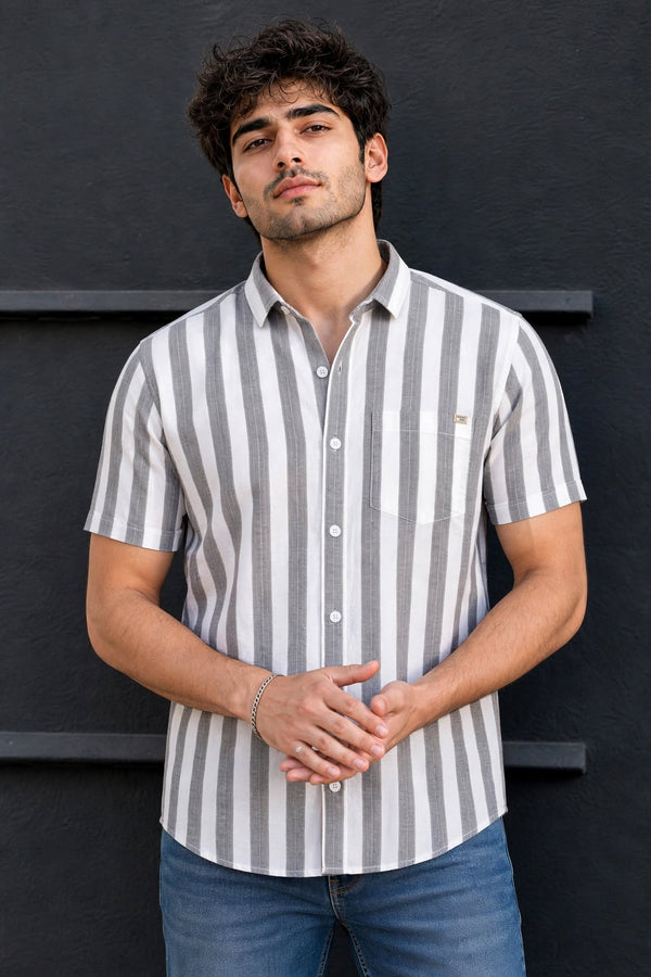 Men Black Vertical Striped Half Sleeve Casual Shirt SGV-528-1