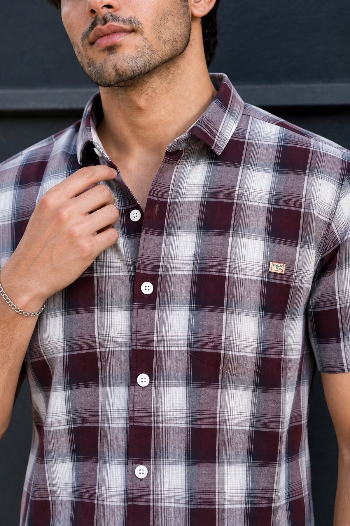Men Wine Checkered Half Sleeve Casual Shirt SGV-528-6