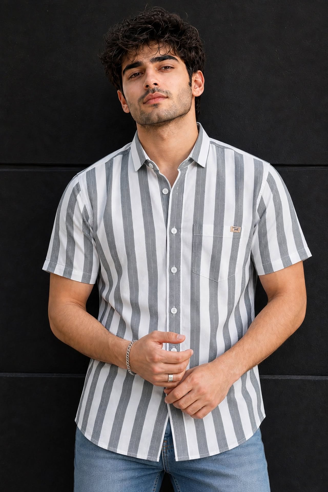 Men Grey Vertical Striped Half Sleeve Casual Shirt SGV-528-1