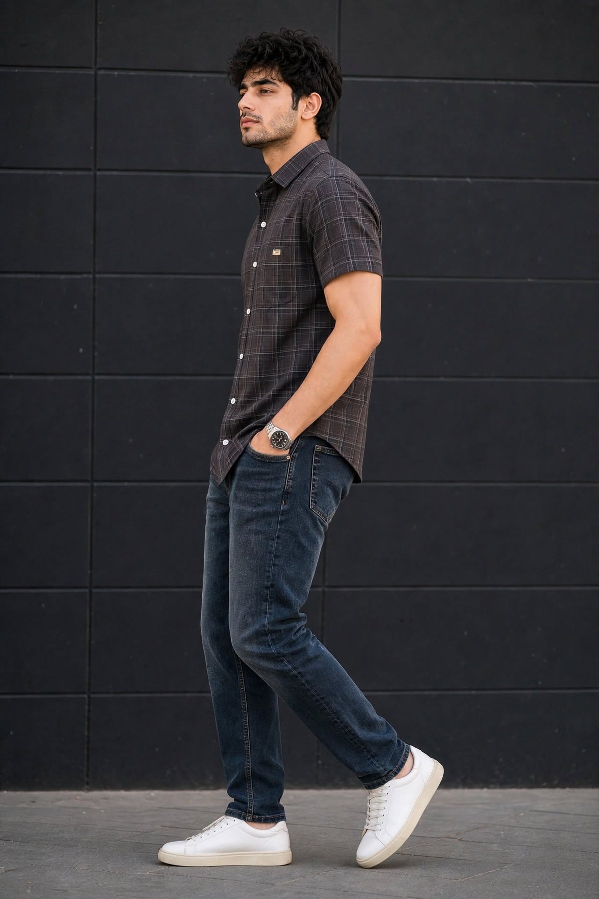Men Coffee Checkered Half Sleeve Casual Shirt SGV-528-3