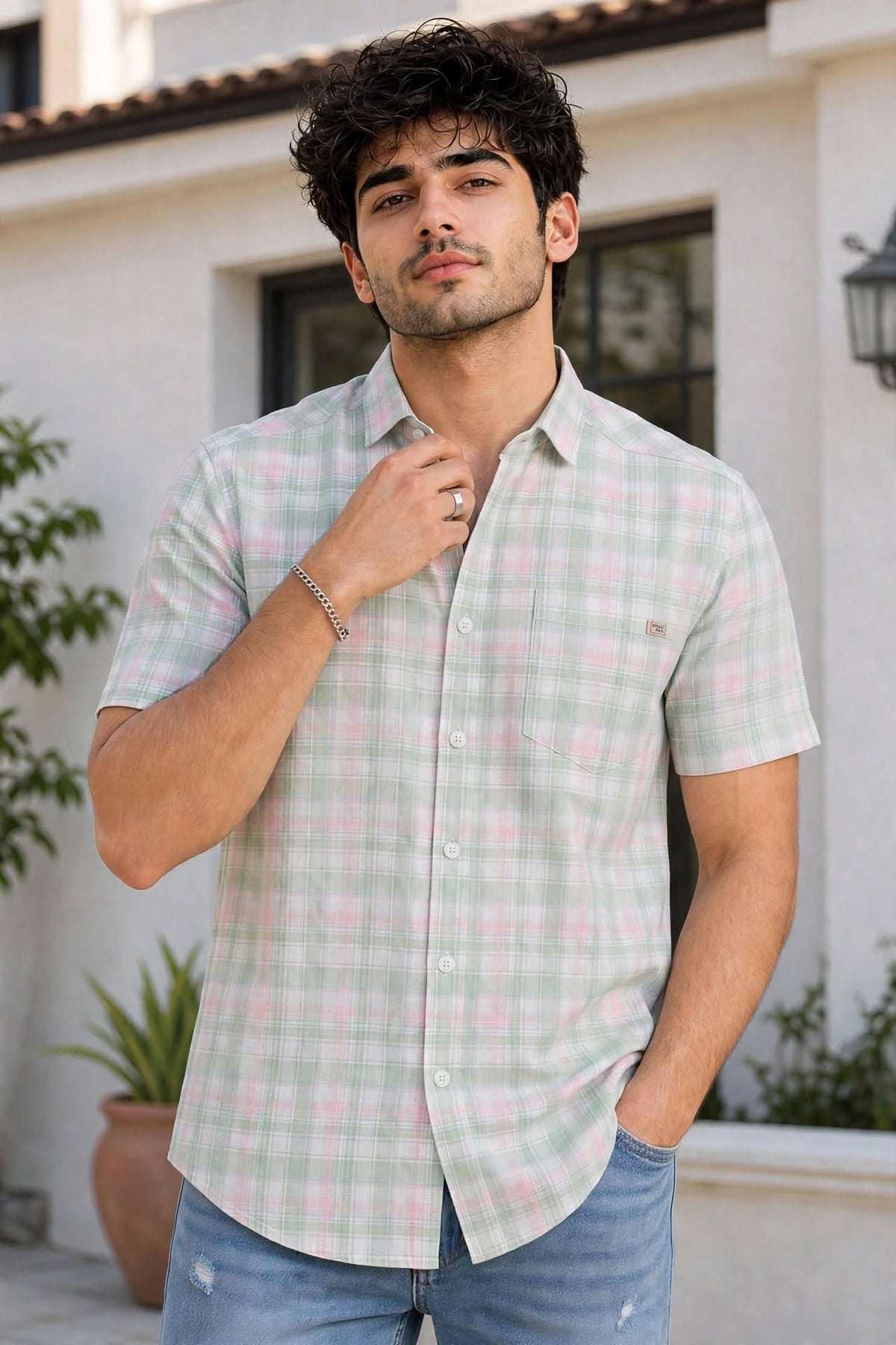 Men Peach Checkered Half Sleeve Casual Shirt SGV-528-2