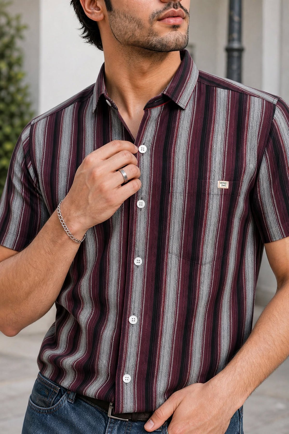Men Maroon Vertical Striped Half Sleeve Casual Shirt SGV-528-1