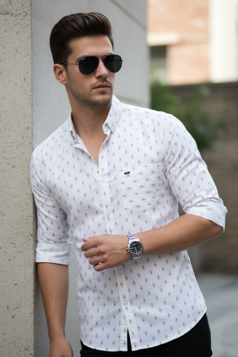 Classic Men White Long Sleeve Striped Shirt - 100% Cotton 251210005