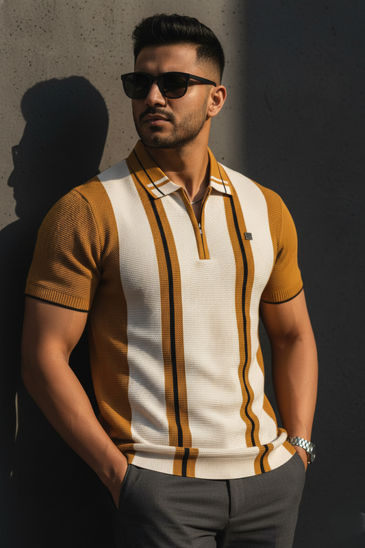 Men Casual Mustard Striped Quarter-Zip Knit Polo T-Shirt - Modern Retro 261040722