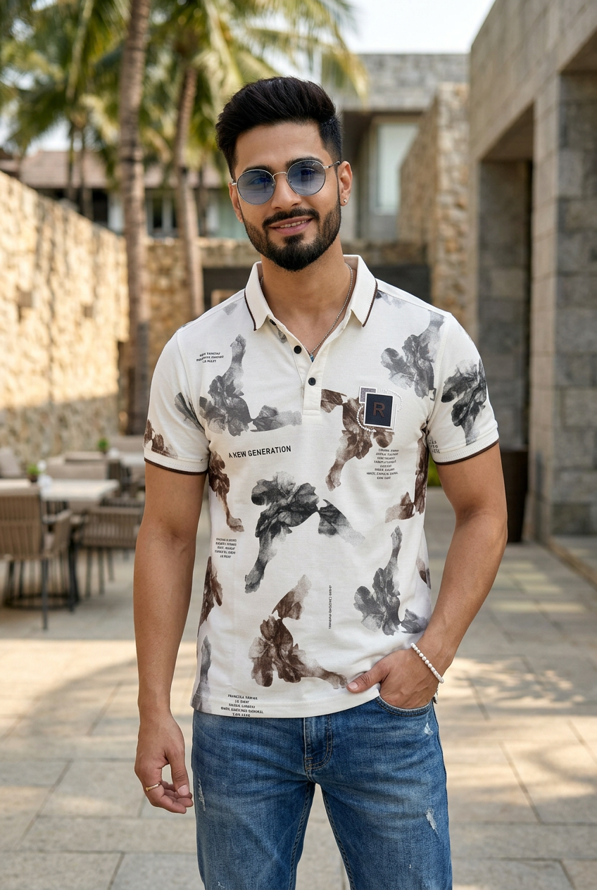 Men Designer White Polo T-Shirt with Abstract Print – Casual Style