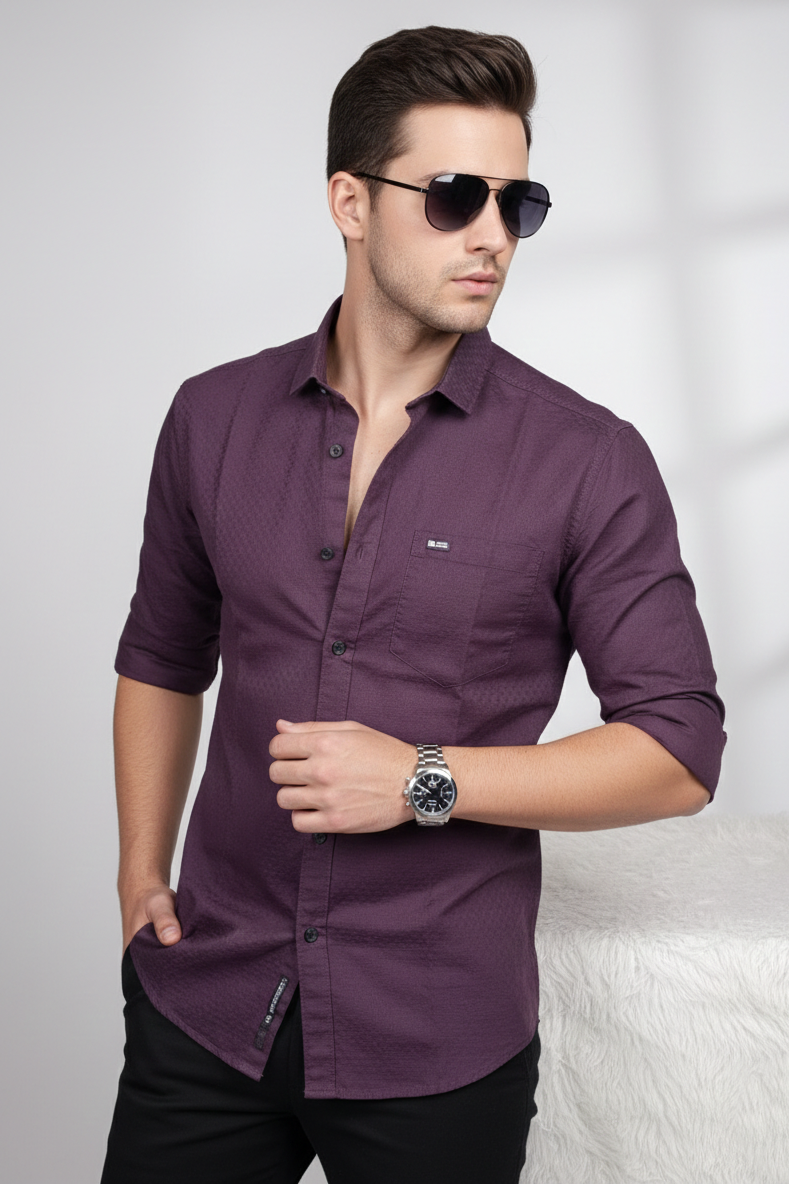 Men Wine Burgundy Textured Casual Shirt | Slim Fit | 251211180