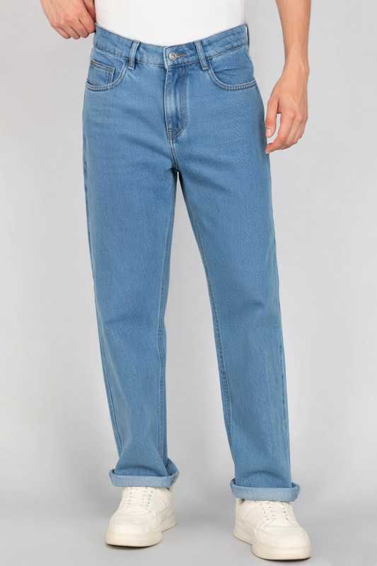 Men Light Wash Straight Leg Jeans - Classic Blue Denim Baggy