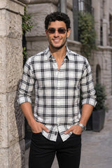 White Checkered Shirt for Men | Classic Plaid Long Sleeve Casual Shirt OXFCH