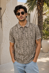 Men Grey Leaf Print Polo T-Shirt