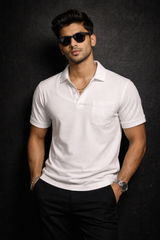 Men White Cotton Polo T-Shirt with Pocket - Casual Short Sleeve Slim Fit 8622