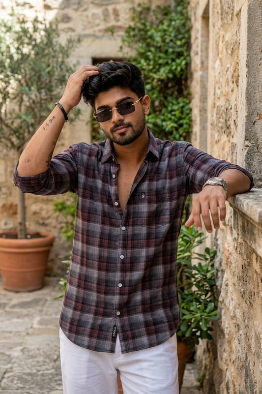 Wine Checks Shirt for Men | Slim Fit Full Sleeve WON