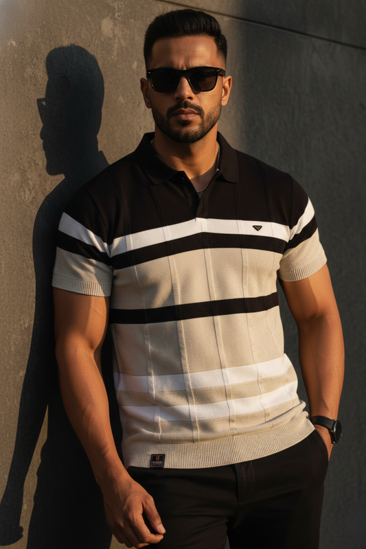 Men’s Slim-Fit Knitted Polo T-Shirt - Black & Beige Striped 261040689